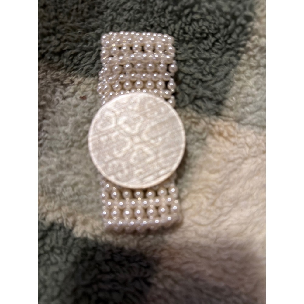 Vintage Style Faux Pearl Multi Strand Cuff Bracelet Gold Medallion Clasp Cream